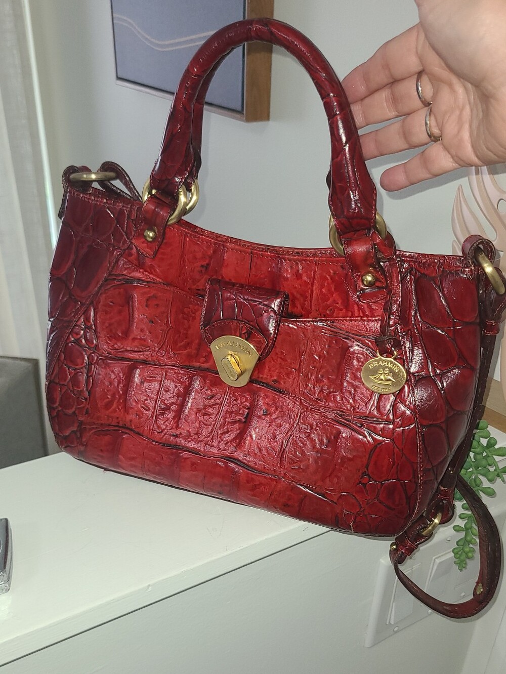 Brahmin Deep Red Croc-Embossed Leather Satchel Handbag